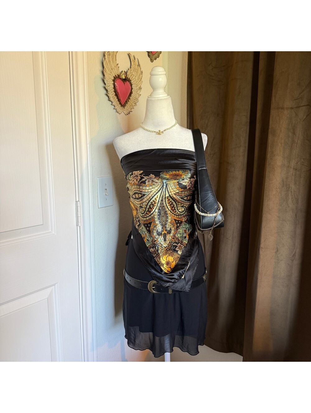 Black and Gold Paisley Pattern Bohemian Polyester Square Convertible Scarf